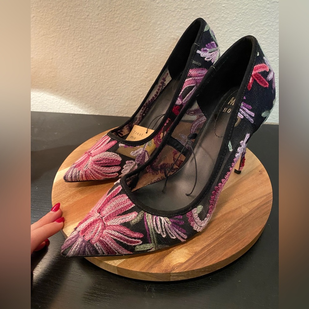 Mix No. 6 Black and Pink Floral  Embroidered Heels